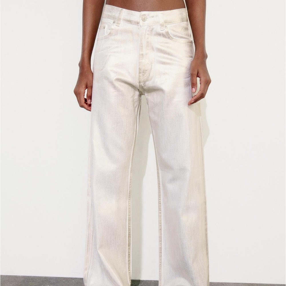 zara trf mid waist loose foil jeans